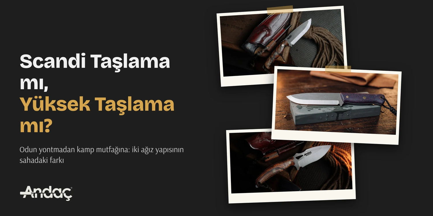 Scandi taşlama ve yüksek taşlama karşılaştırmasının kapak görseli, el yapımı Andaç bıçakları