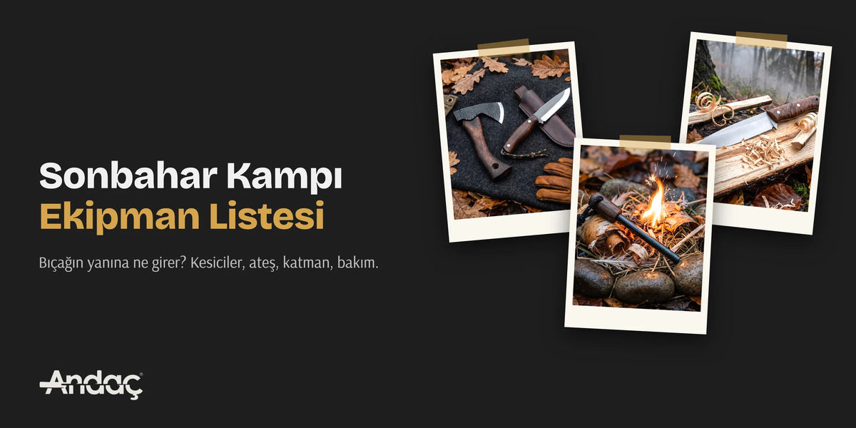 Sonbahar kampı ekipman listesi kapak görseli: ıslak yapraklar üzerinde bıçak, balta, ateş başlatıcı ve deri eldiven